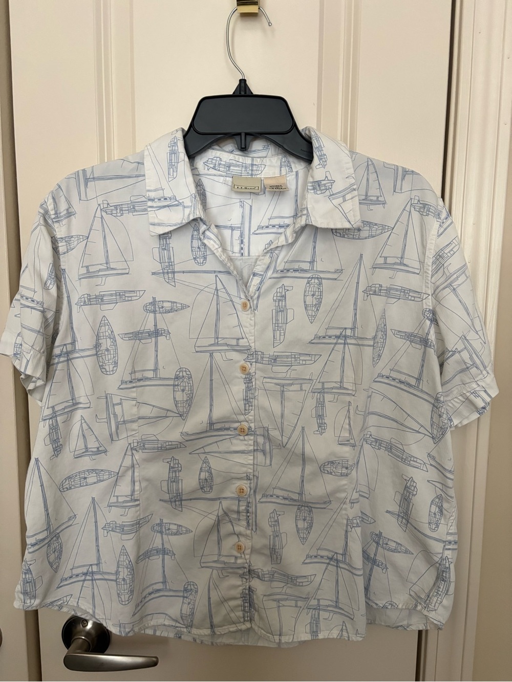 L.L. Bean White Short-Sleeve Button-Down with Light Blue Sailboat Print
